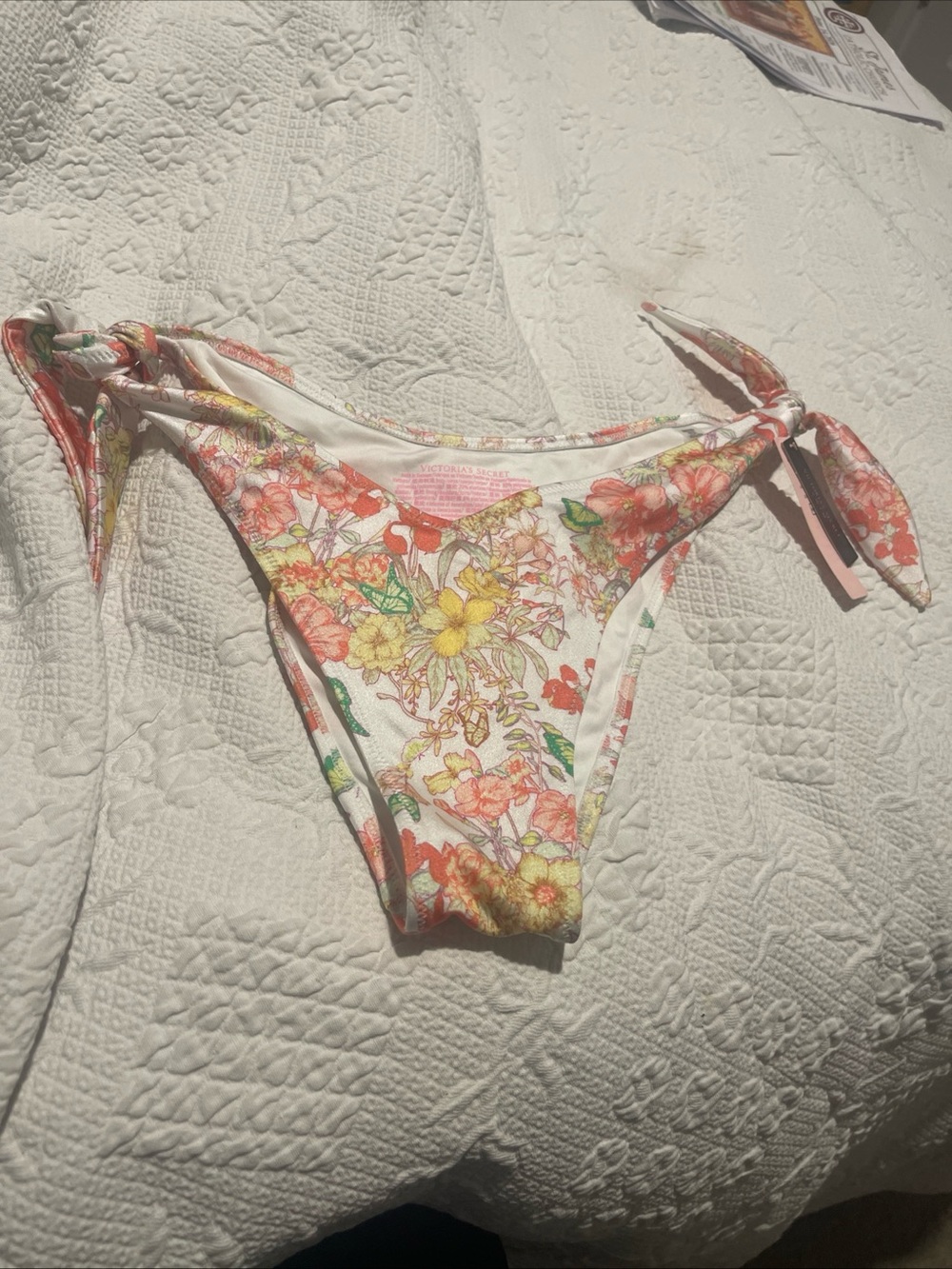 Victoria's Secret Floral Tie-Side Bikini Bottoms in Coral and Yellow S NEW